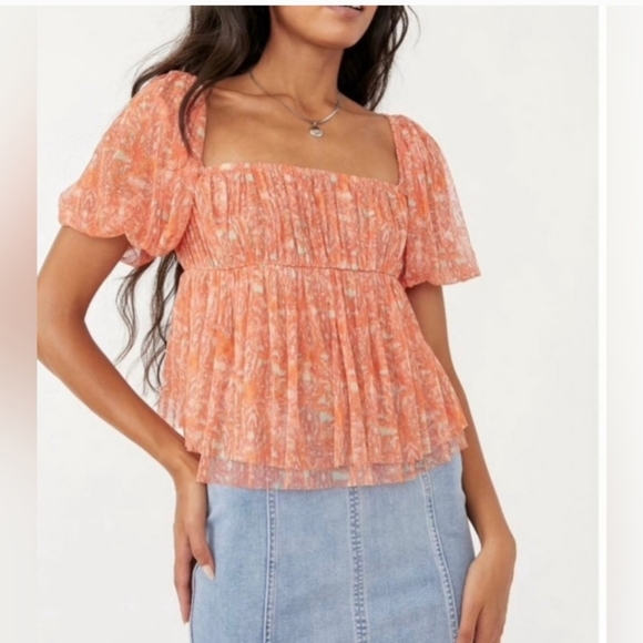 NWT Free People Penelope Peach Blouse Puff sleeve sz M - Picture 2 of 8